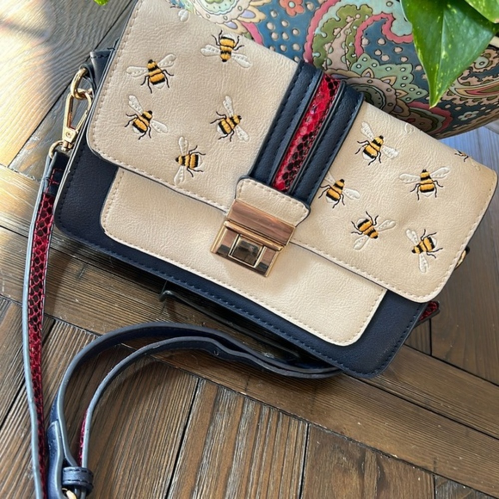 Accessorize super cute cream/navy/red bee adorned cross body bag